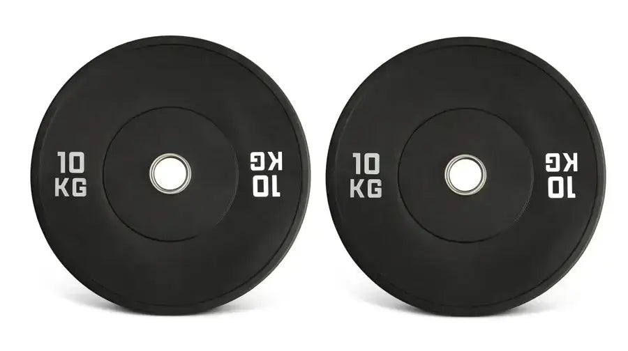 Gym Masters 10kg bumper plates set for strength training, suitable for Olympic barbells, durable rubber coating.
