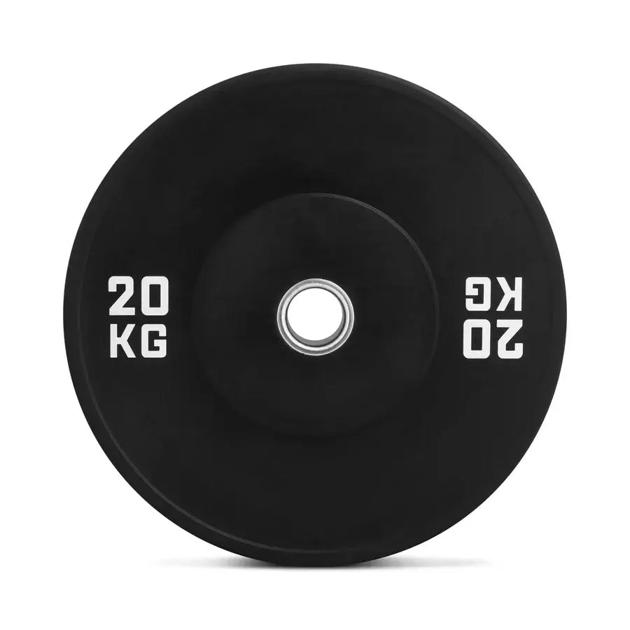 20 kg rubber bumper plate for strength training, compatible with 50 mm Olympic barbells.
