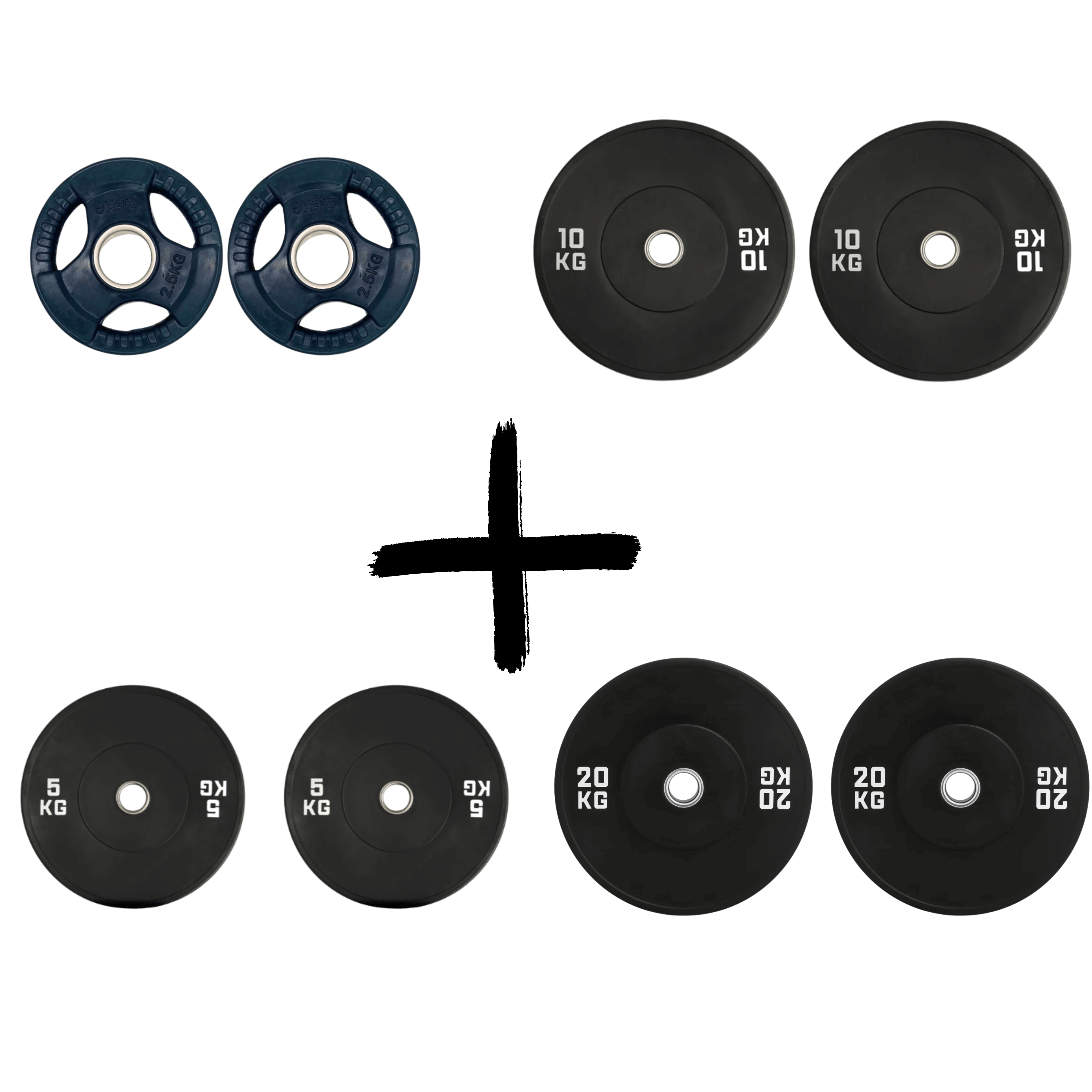 Complete Gym Masters bumper plate set, includes weights: 2×2.5kg, 2×5kg, 2×10kg, 2×20kg for effective strength training.