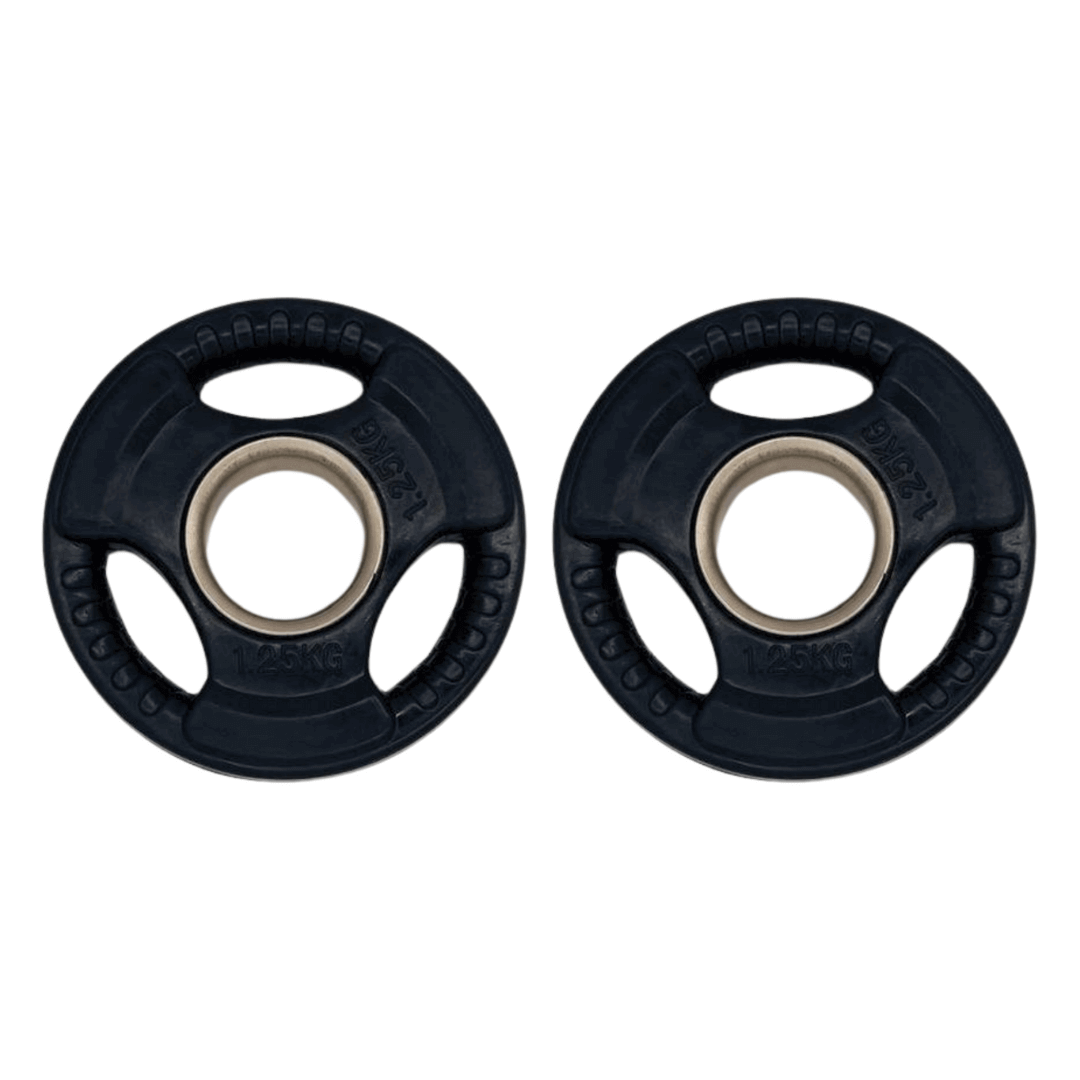 Set van 2 zwarte 1,25 kg bumper plates voor de Gym Masters Tib Bar Set, ideaal voor krachttraining en stabiliteitsoefeningen.