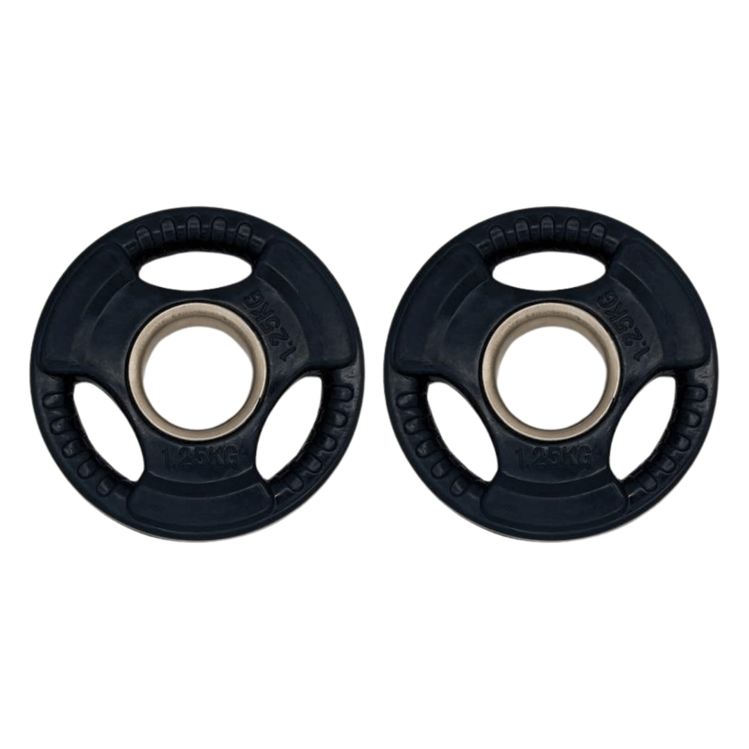 Gym Masters 1.25 kg bumper plates set for home gym, durable rubber coating, fits 50mm Olympic barbells.