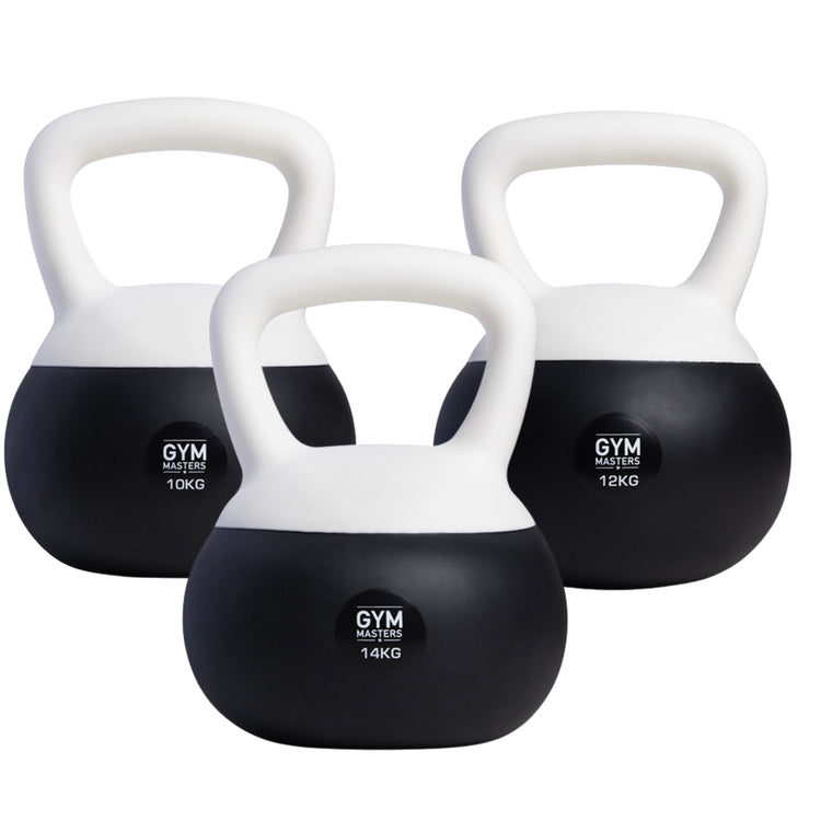 Zachte kettlebell set 3 stuks (10 kg & 12 kg & 14 kg) van Gym Masters, perfect voor krachttraining en cardio.