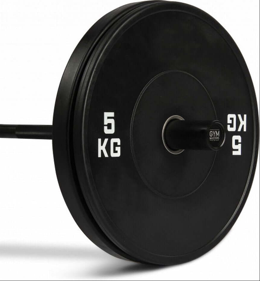 Gym Masters Barbell + Bumper Plates Set – 120 cm bar + 1,25 / 2,5 / 5 / 10 kg (per paar) with 5 kg bumper plate.