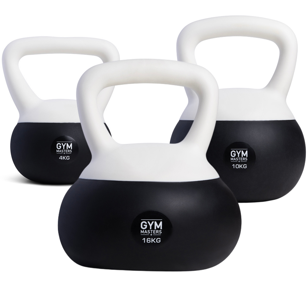 Zachte kettlebell set 3 stuks (4 kg & 10 kg & 16 kg) van Gym Masters in zwart en wit.