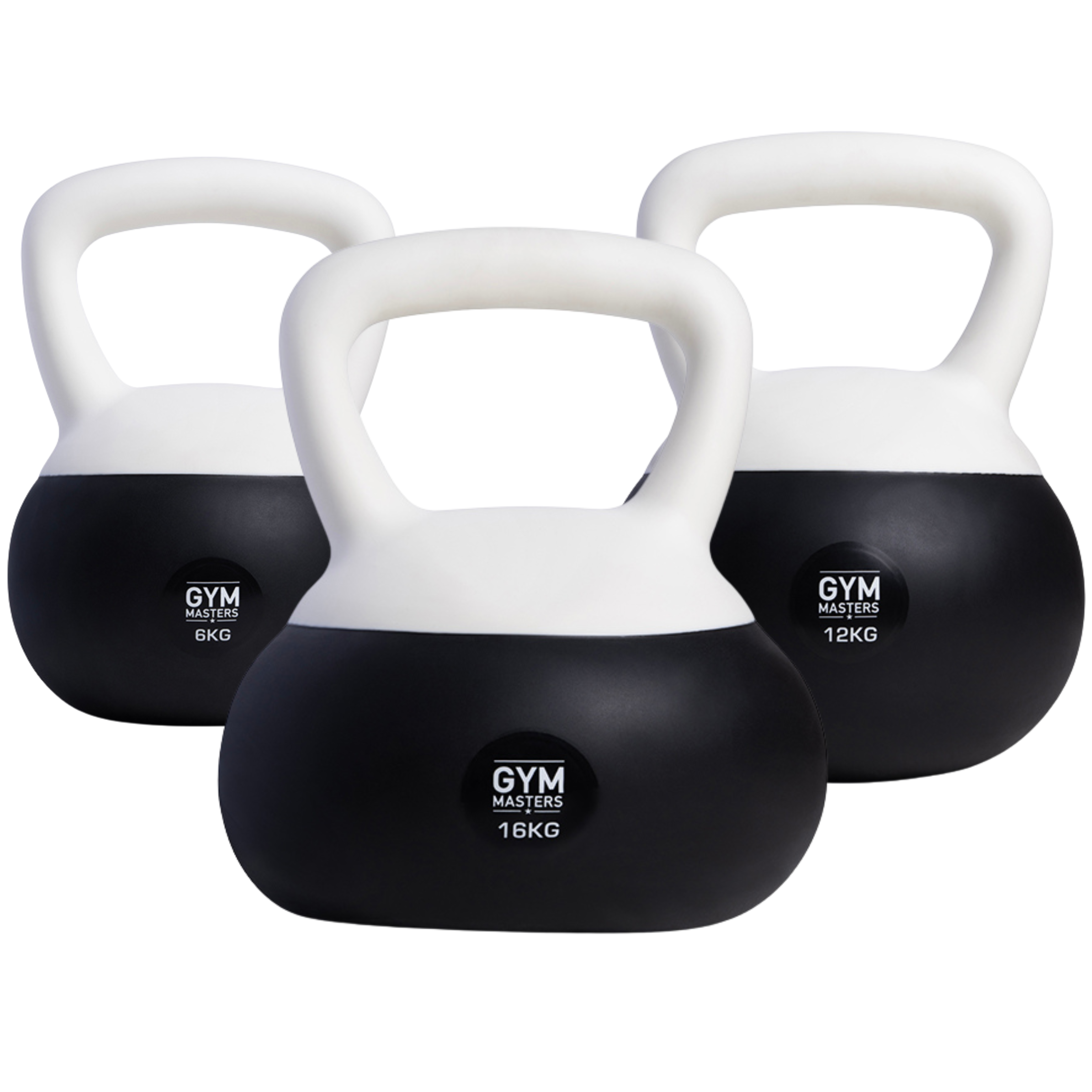 Zachte kettlebell set 3 stuks (6 kg & 12 kg & 16 kg) in zwart-wit, perfect voor krachttraining.