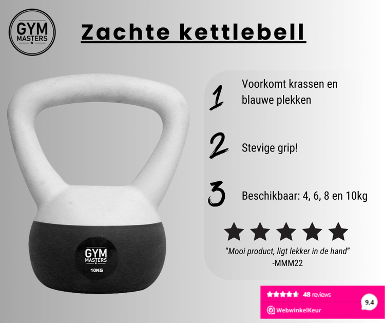 Zachte kettlebell van Gym Masters, 10 kg, met stevige grip en krasbestendige buitenkant voor veilige trainingen.