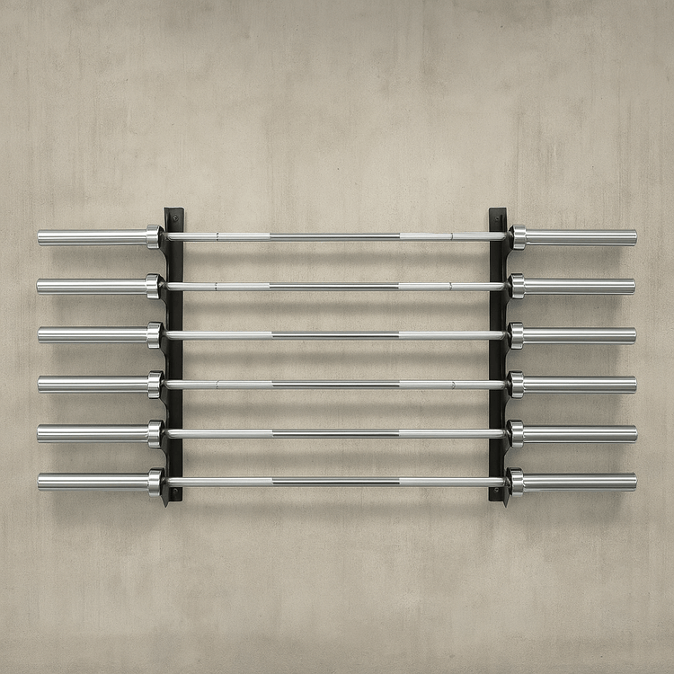 Barbell holder for 6 barbells securely mounted on a wall, showcasing a neat and organized fitness space.
