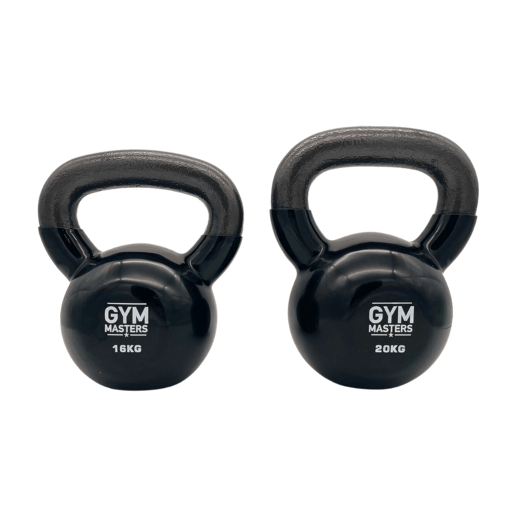 Set of black vinyl kettlebells, 16KG and 20KG, ideal for effective strength training and workout routines.