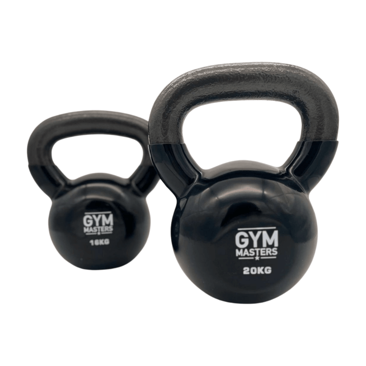 20kg and 16kg black vinyl kettlebells for effective strength training at home or gym
