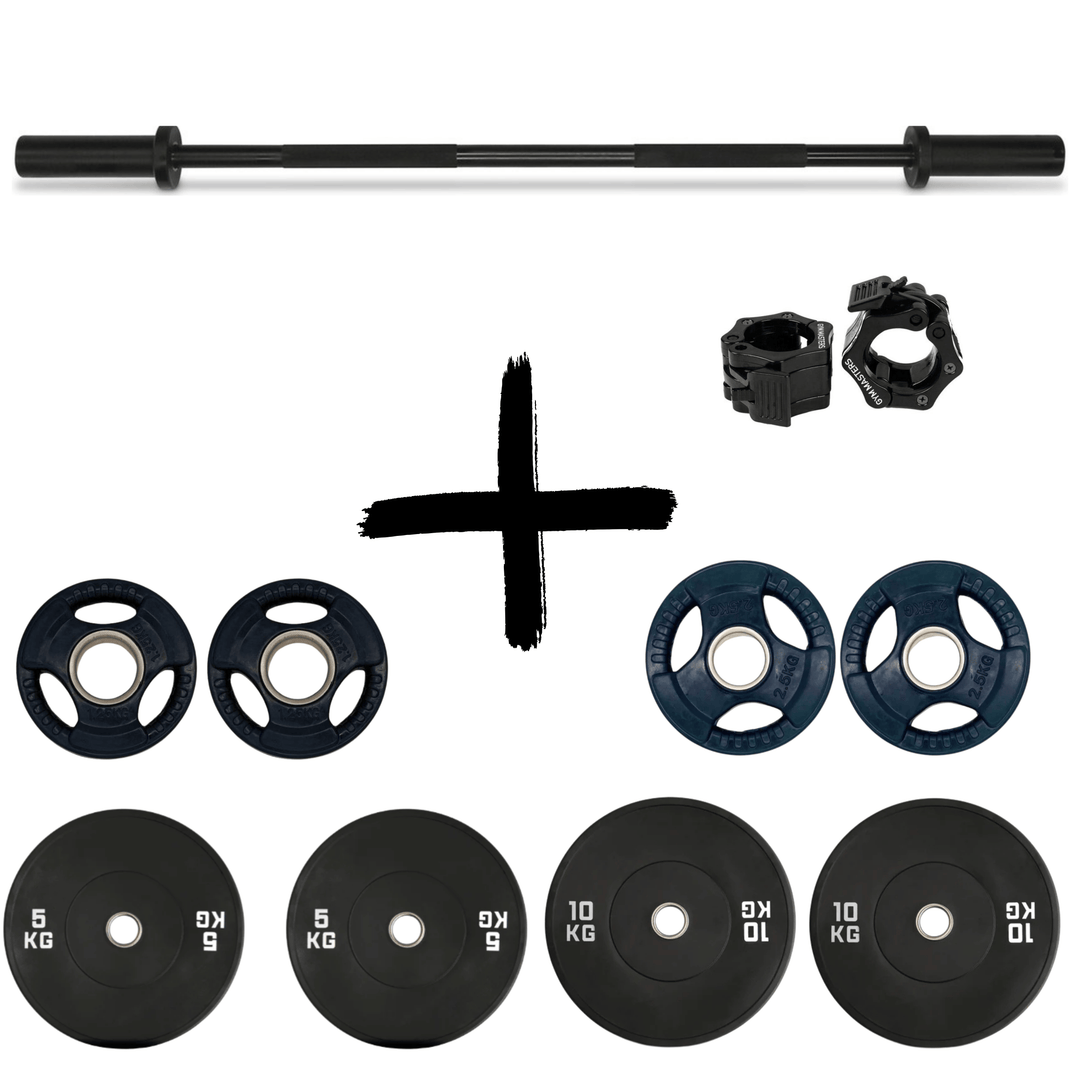 Gym Masters Barbell + Bumper Plates Set – 120 cm bar + 1,25 / 2,5 / 5 / 10 kg (per paar)