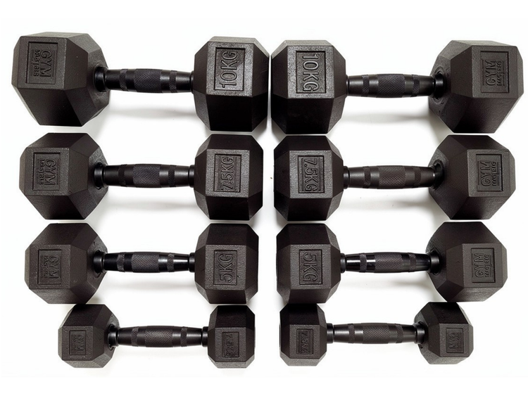 Hexa Dumbbell Set – 45 kg (2x2,5 kg / 2x5 kg / 2x7,5 kg / 2x10 kg) in a compact arrangement.