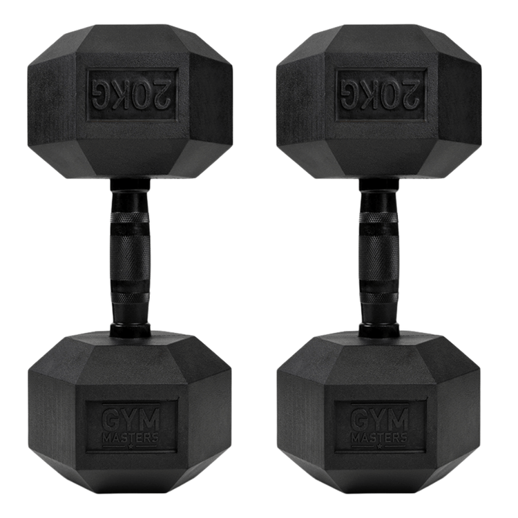 Gym Masters 20 kg hexagon dumbbells, perfect for home or gym workouts, featuring a durable matte black finish.