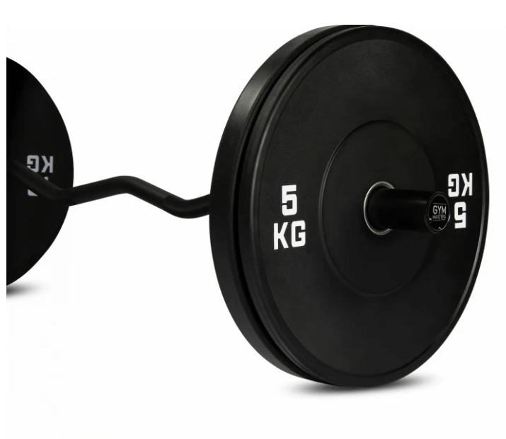Gym Masters 5kg EZ curlbar with black weight plates, ideal for home gym workouts focusing on biceps and triceps.