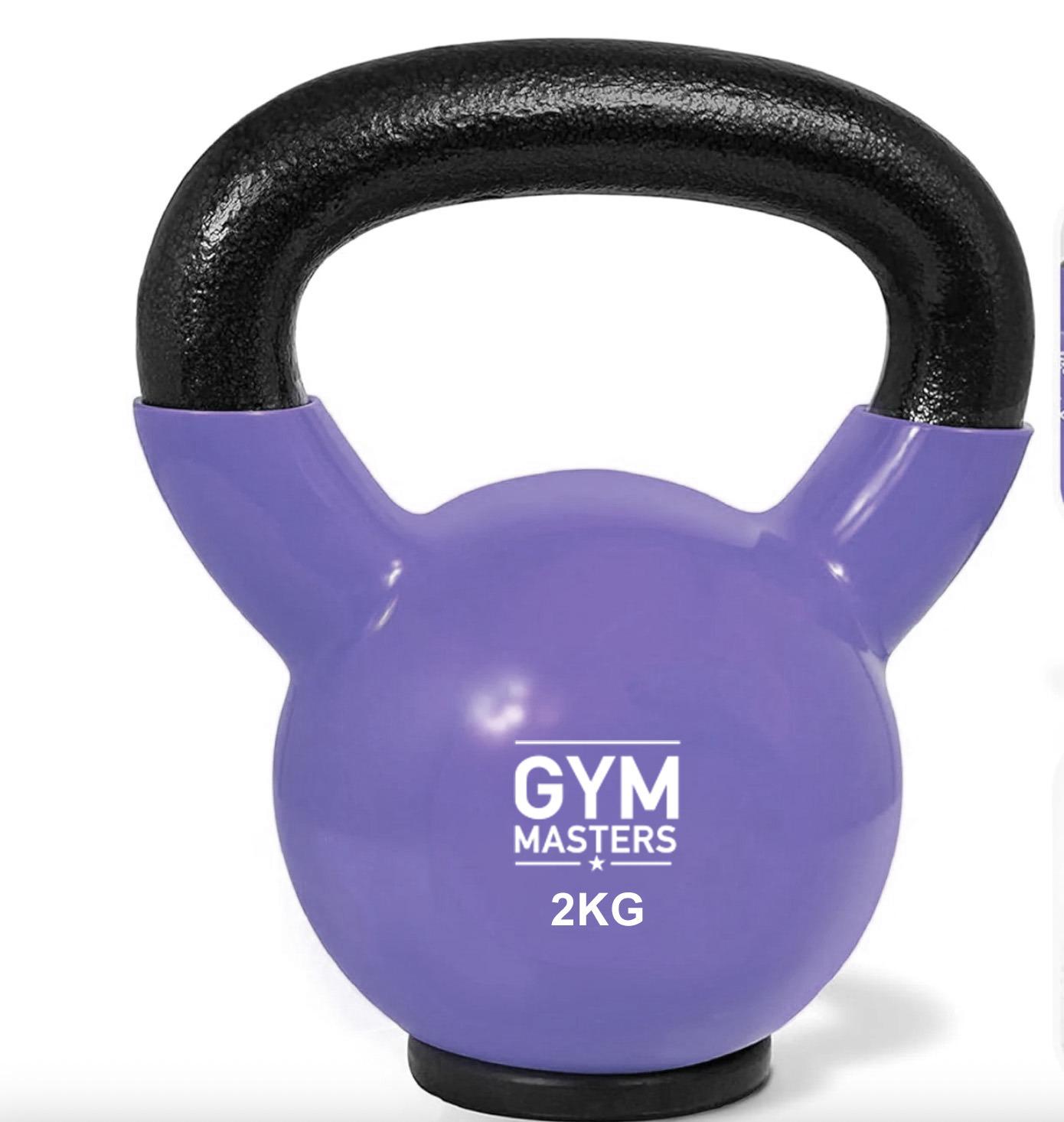 Vinyl kettlebell 2 kg in soft lavender color with rubberen voet for stability and floor protection.