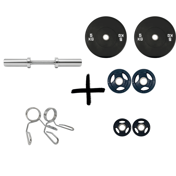 Gym Masters Dumbbell Set with 1.25kg, 2.5kg, and 5kg grip plates, a sturdy bar, and spring clamps for effective training.